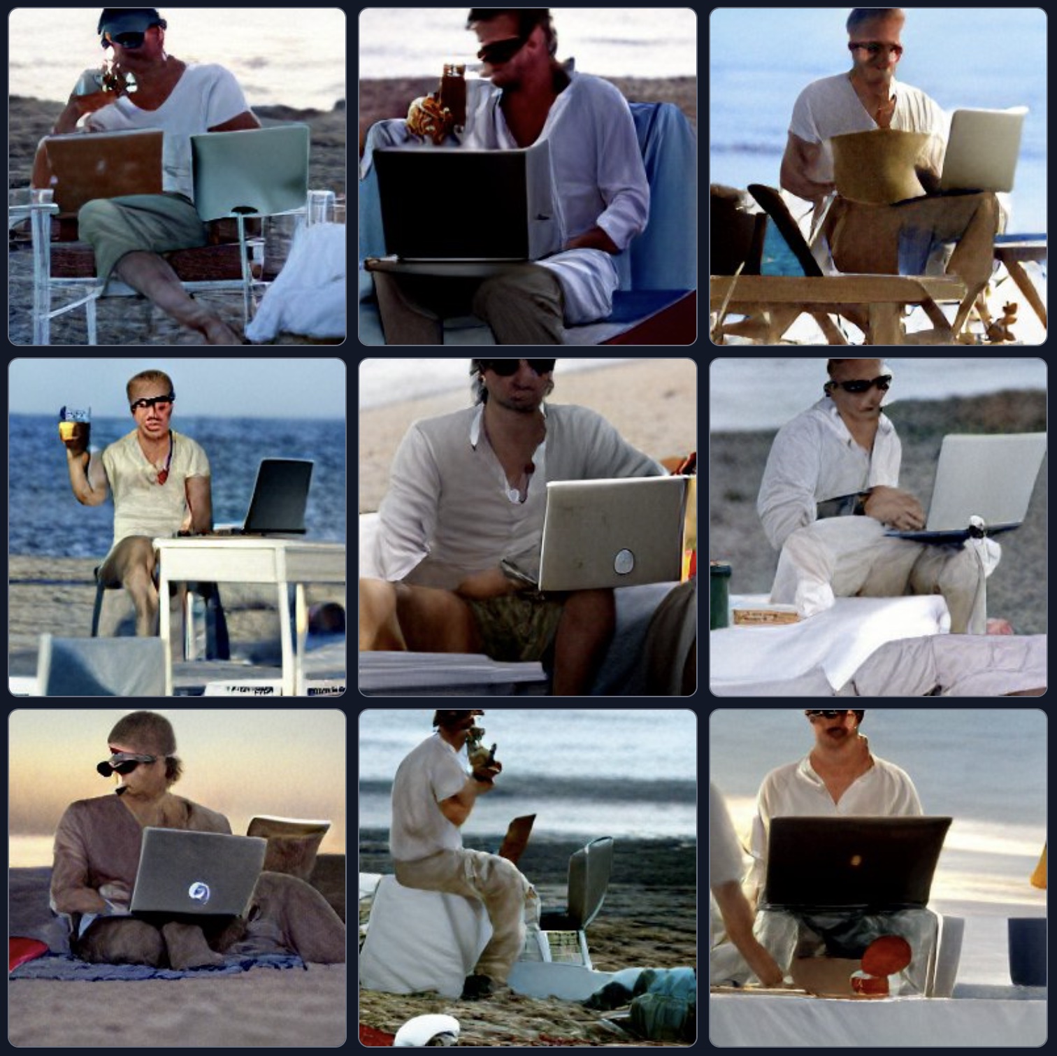 CrAIyon prompt: brad pitt looking cool with sunglasses drinking a beer on the beach sea and sand programming on a laptop in a codeanywhere sunset film scene and very, very, very pretty