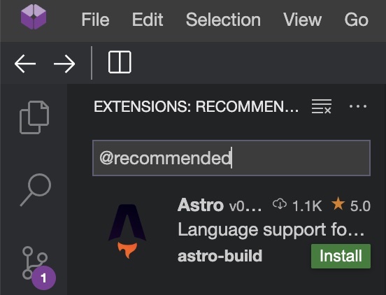 Codeanywhere automatically recommends the Astro extension
